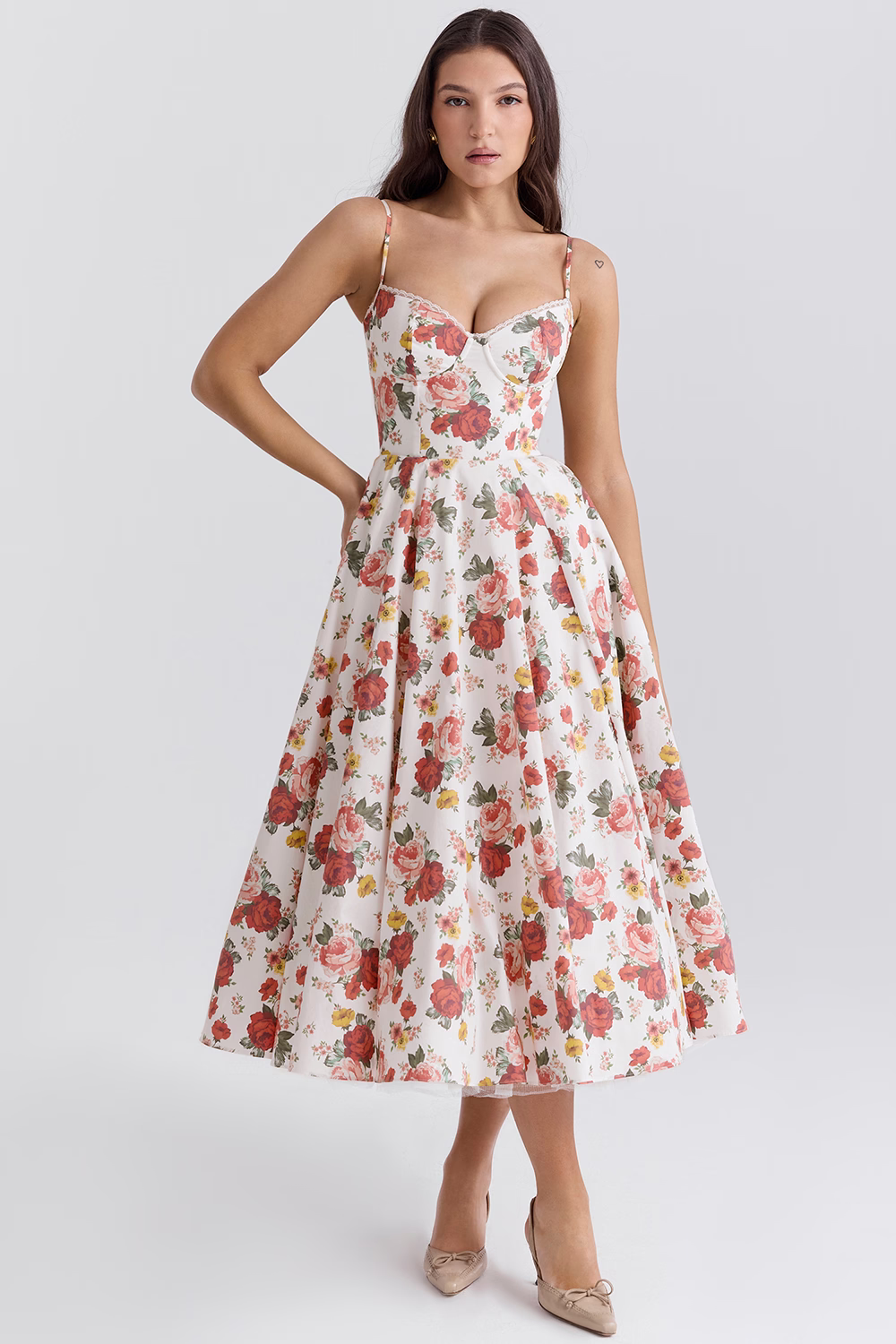 Claudia – Vestido Midi con Corset y Falda Evasé para Mujer