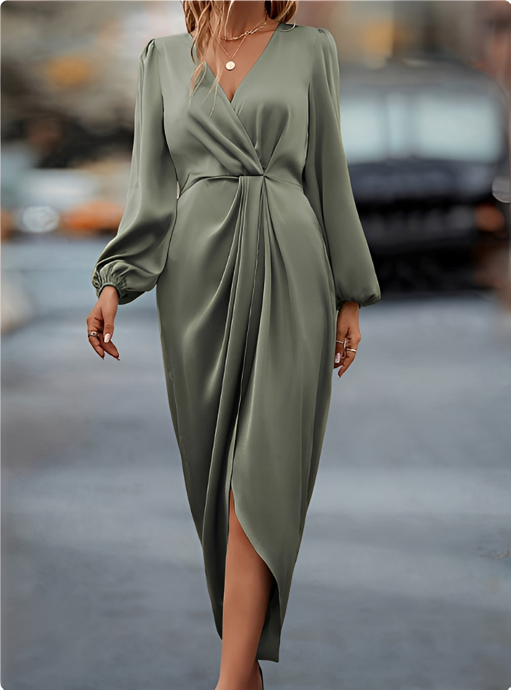 Alejandra - Vestido largo satinado con escote cruzado mujer