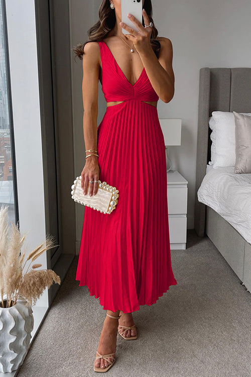 Marina - Vestido midi plisado con escote en V y aberturas laterales