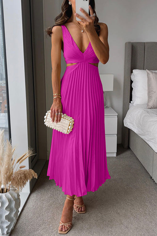 Marina - Vestido midi plisado con escote en V y aberturas laterales