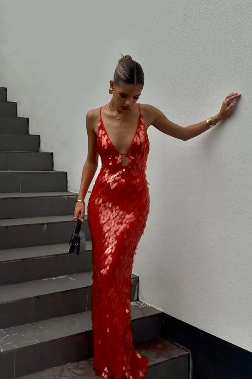 Valentina - Vestido largo de lentejuelas con tirantes finos mujer