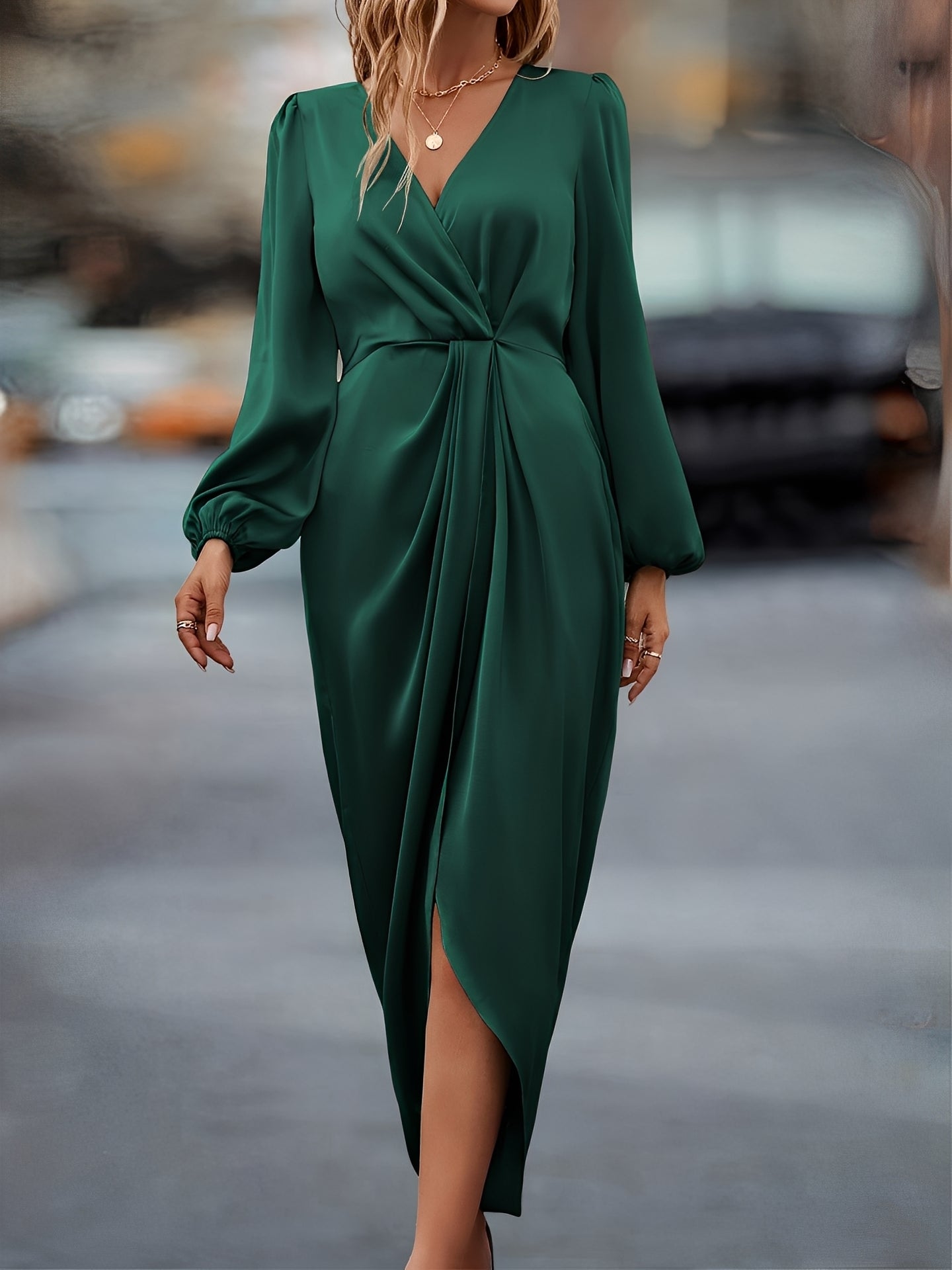 Alejandra - Vestido largo satinado con escote cruzado mujer
