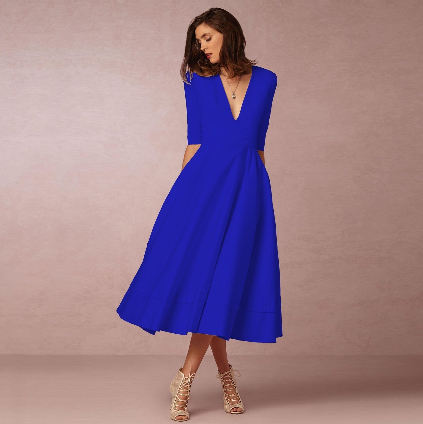 Isabella - Vestido midi de mujer con escote en V y mangas cortas