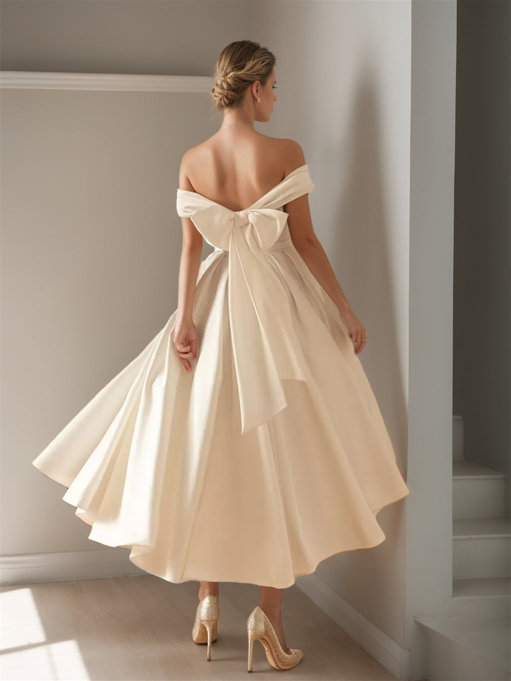 Sofía - Vestido de mujer midi con escote bardot y falda con vuelo
