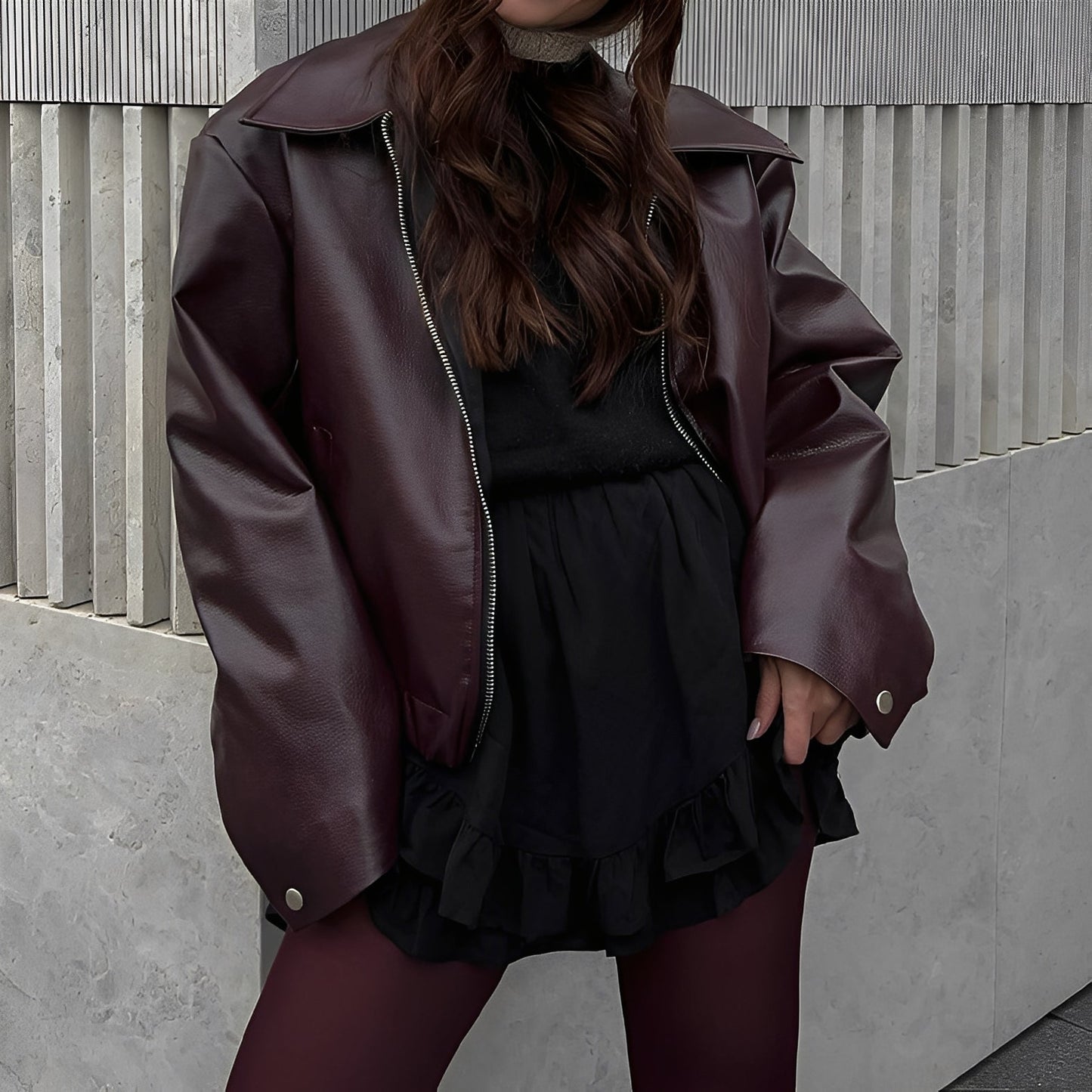 Nora - Chaqueta de cuero con cremallera y cuello amplio mujer