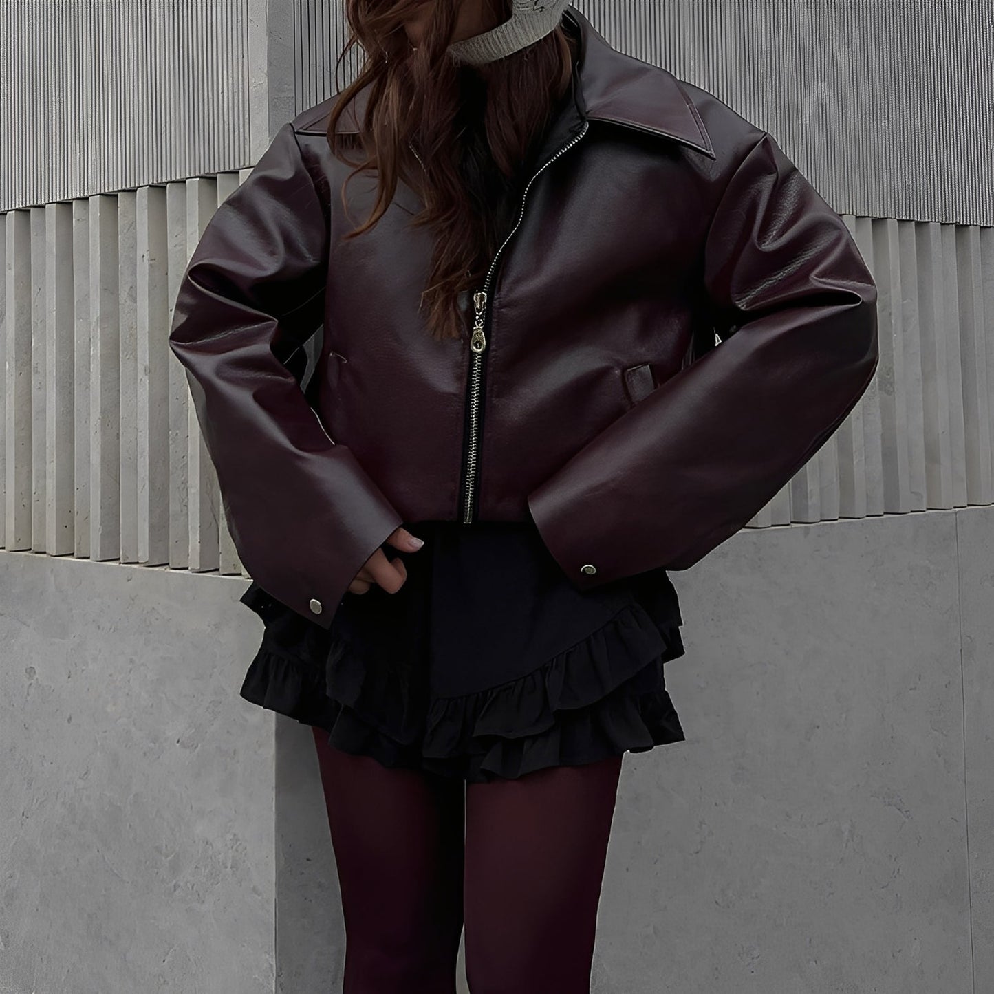 Nora - Chaqueta de cuero con cremallera y cuello amplio mujer