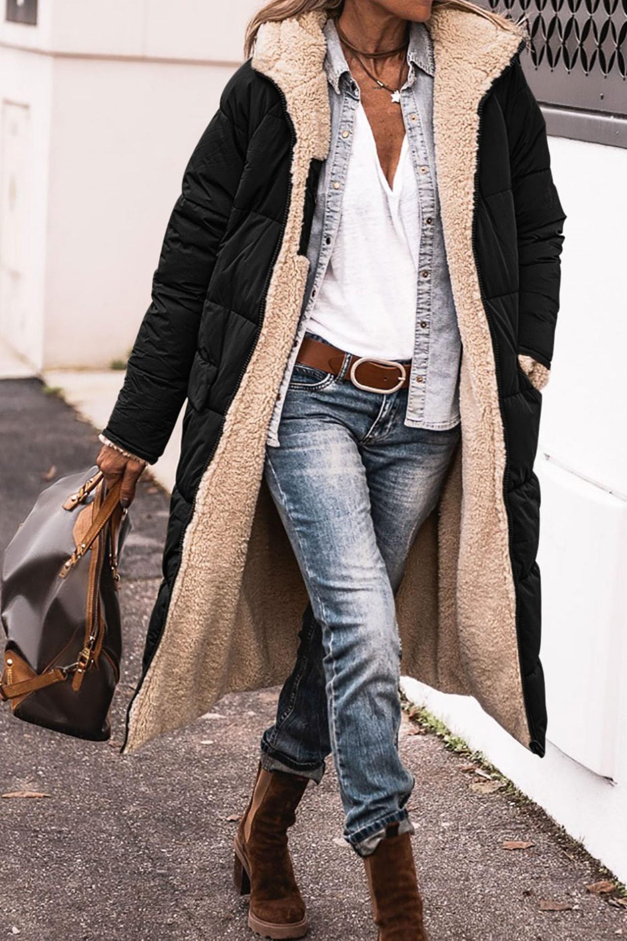 Valeria - Abrigo largo de invierno forrado con borreguito para mujer