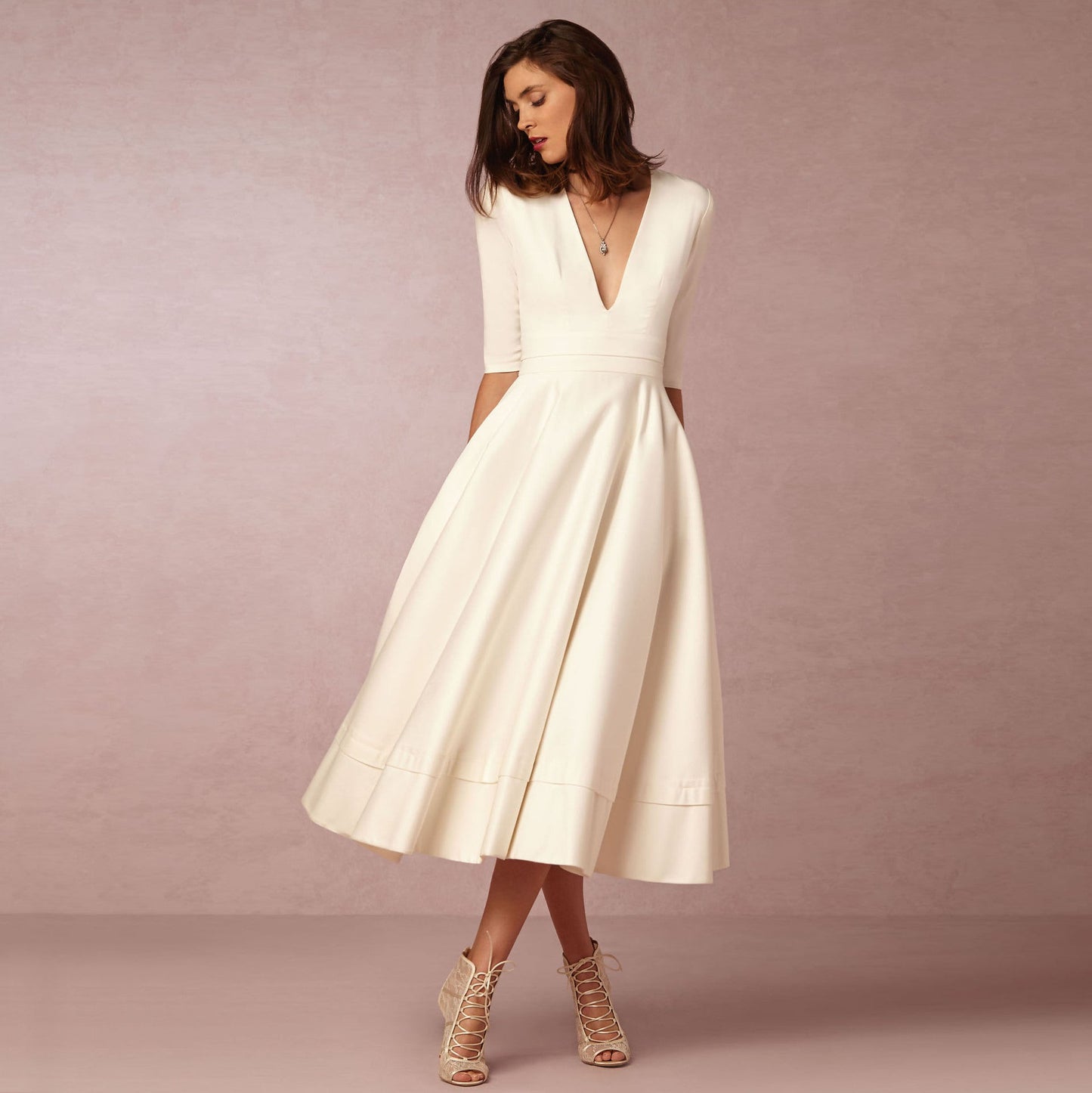 Isabella - Vestido midi de mujer con escote en V y mangas cortas