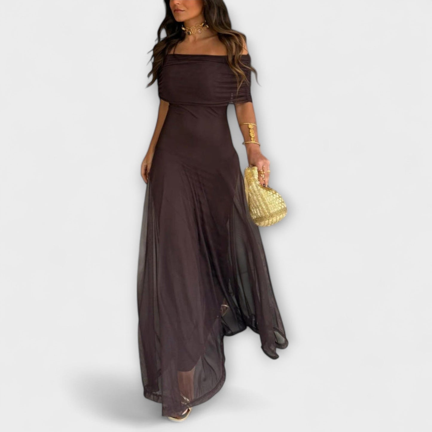 Isadora - Vestido largo de mujer con hombros descubiertos y falda