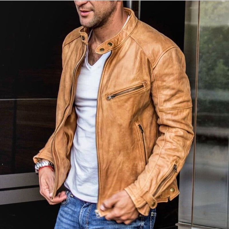 Álvaro - Chaqueta de cuero estilo biker con cremalleras hombre