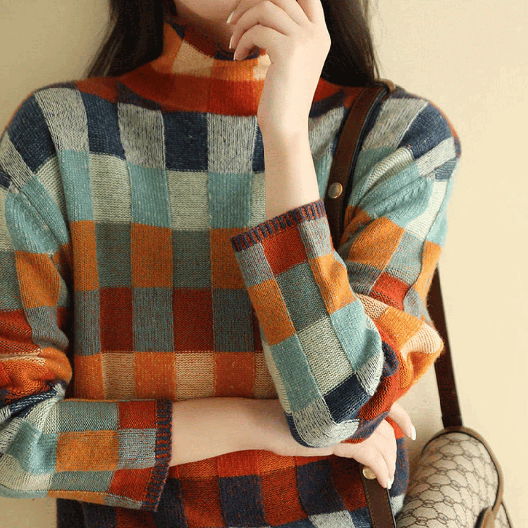 Camila - Suéter cashmere de cuadros cuello alto mujer