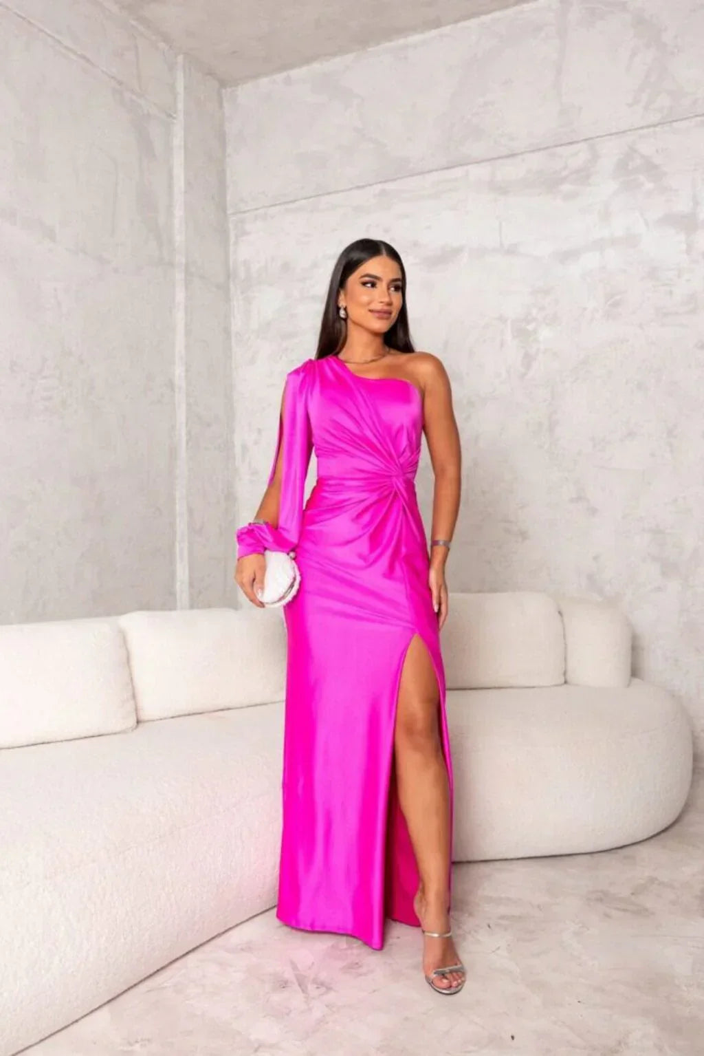 Renata - Vestido largo de mujer asimétrico con abertura lateral