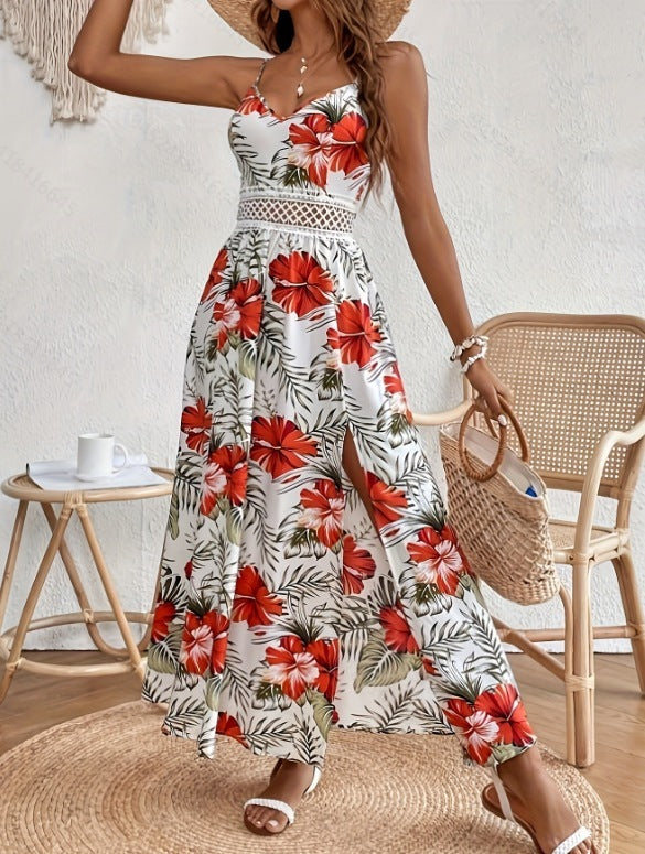 Isla – Vestido largo veraniego con estampado floral y detalle calado en la cintura
