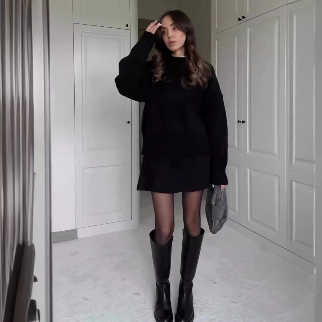 Sophia - Conjunto de suéter oversize y minifalda negra mujer
