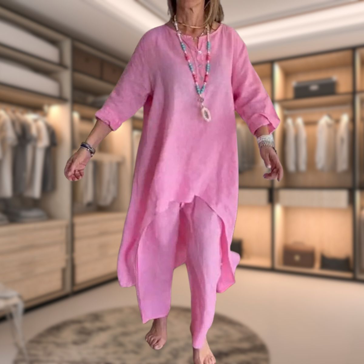 Elena - Conjunto de mujer con blusa larga asimétrica y pantalón ancho