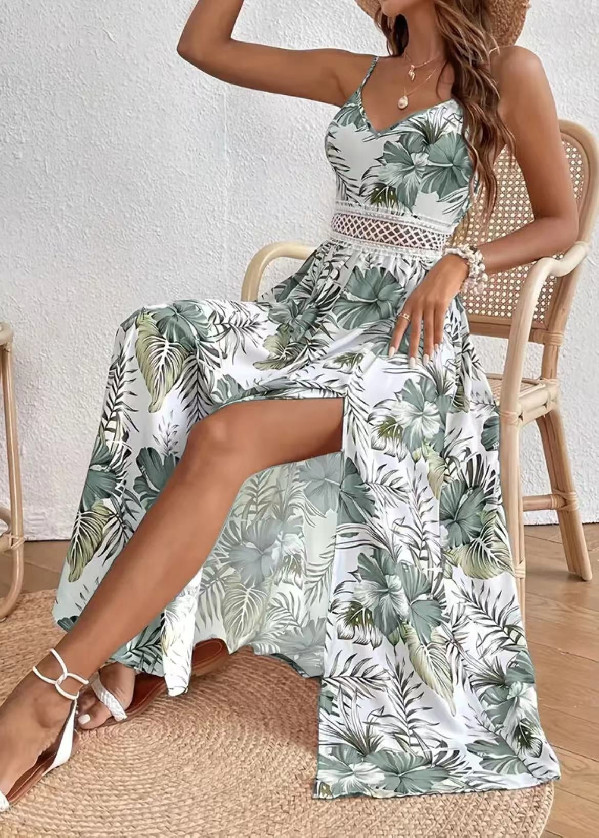 Isla – Vestido largo veraniego con estampado floral y detalle calado en la cintura