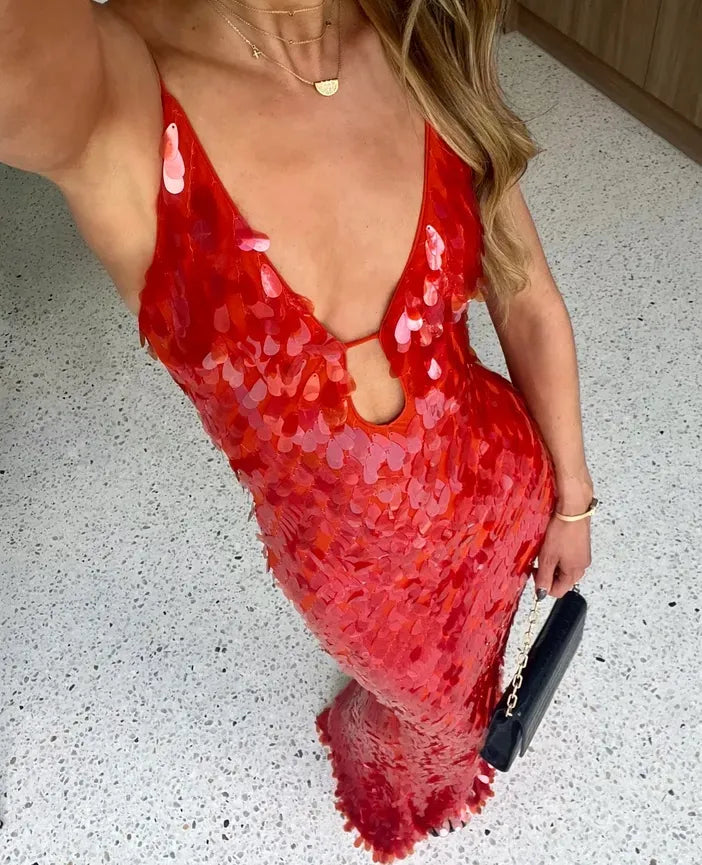 Valentina - Vestido largo de lentejuelas con tirantes finos mujer