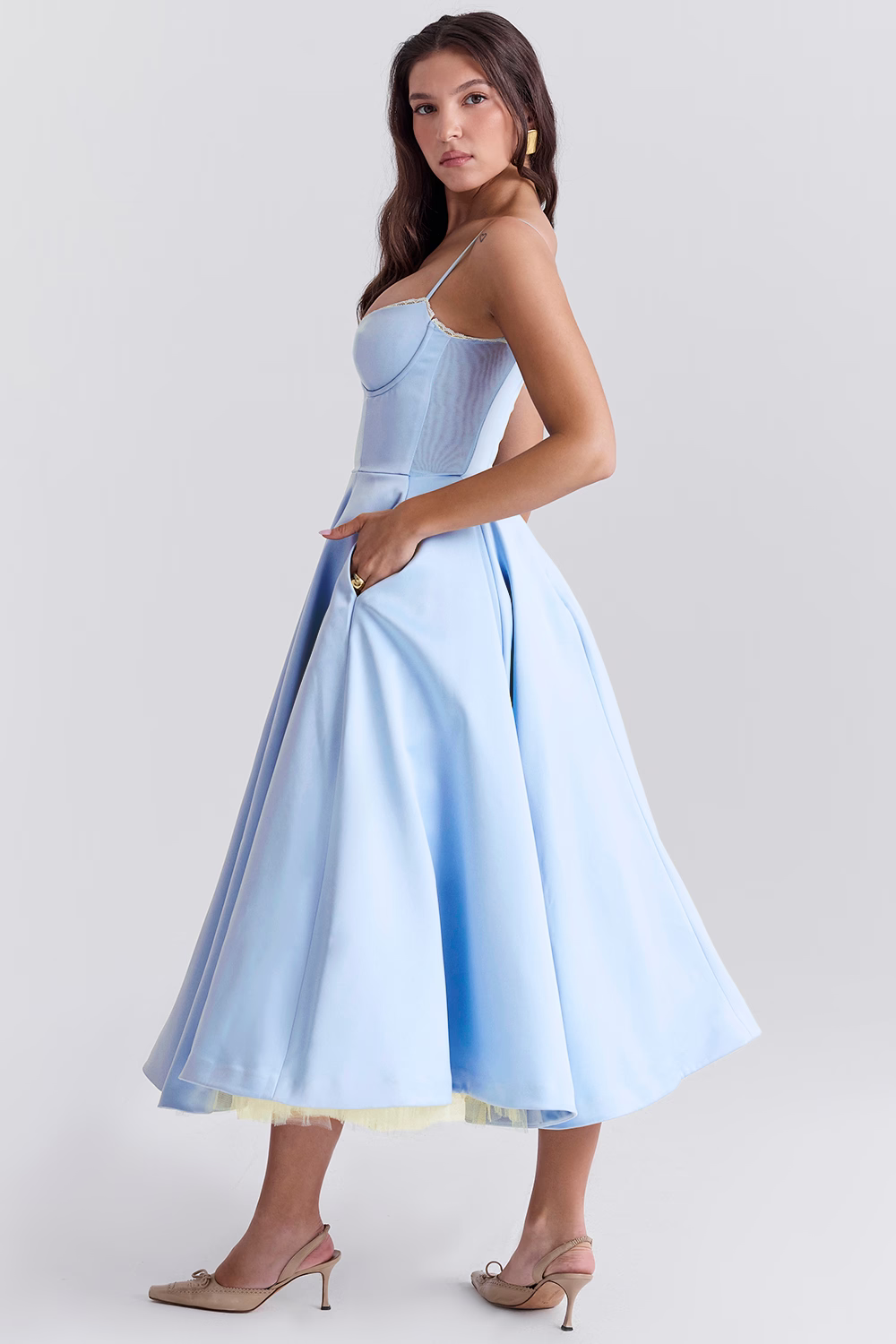 Claudia – Vestido Midi con Corset y Falda Evasé para Mujer