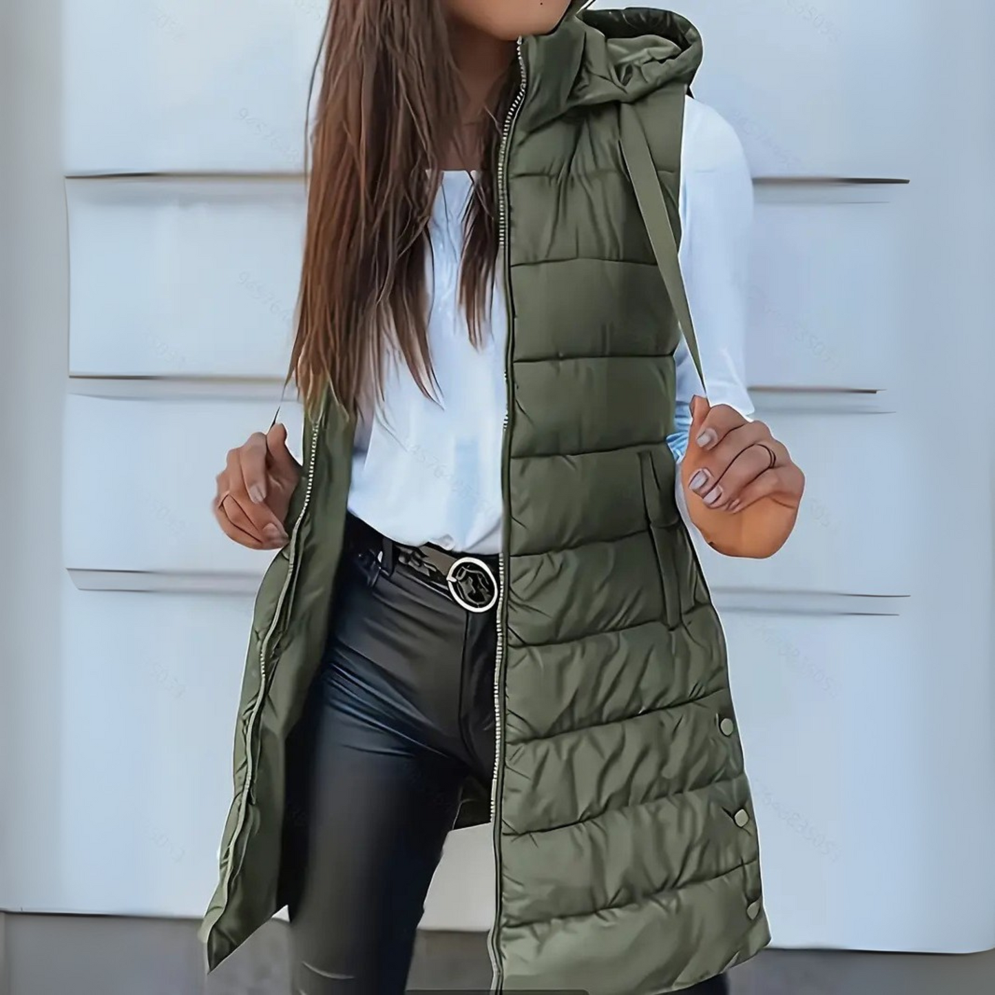 Elena – Chaleco Acolchado Largo Femenino con Capucha