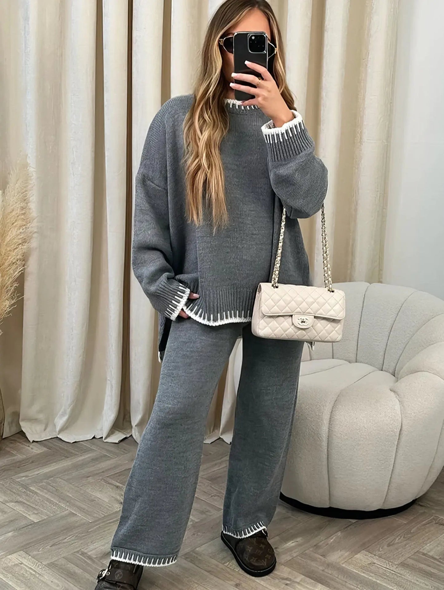 Elena - Conjunto Mujer De Punto Suéter Y Pantalón Ancho