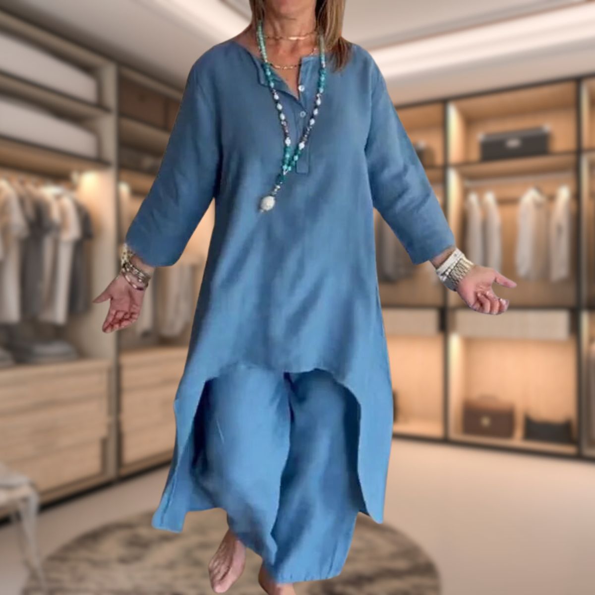 Elena - Conjunto de mujer con blusa larga asimétrica y pantalón ancho
