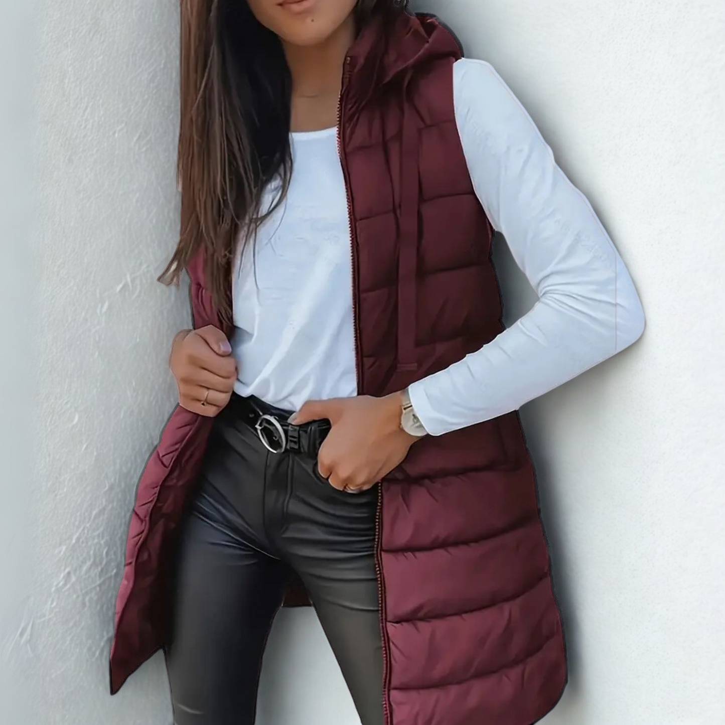Elena – Chaleco Acolchado Largo Femenino con Capucha