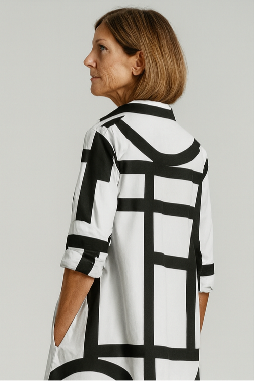 Clara - Vestido camisero femenino con estampado geométrico
