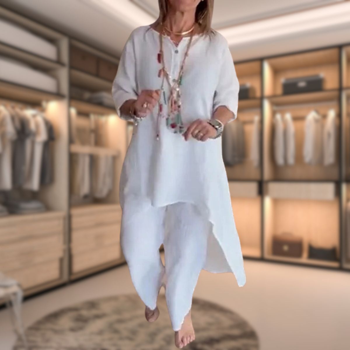 Elena - Conjunto de mujer con blusa larga asimétrica y pantalón ancho