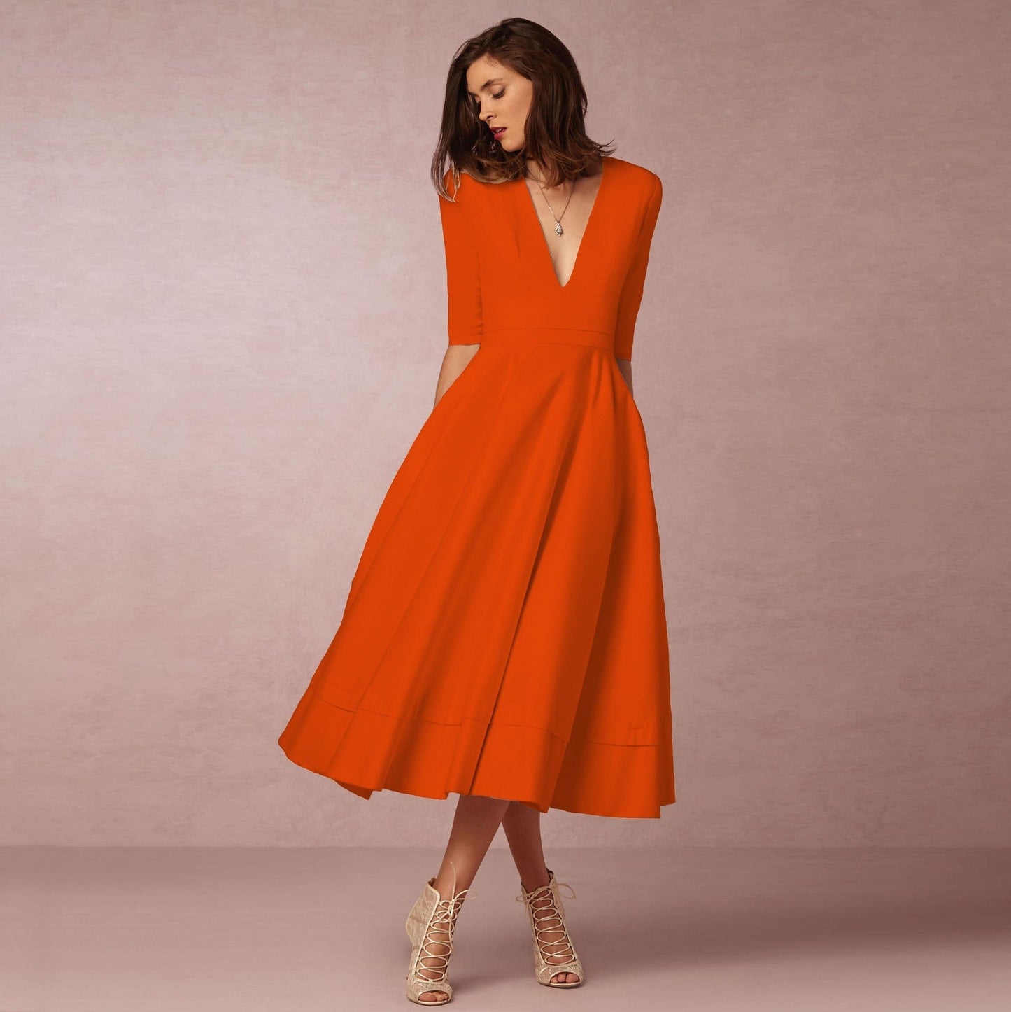 Isabella - Vestido midi de mujer con escote en V y mangas cortas