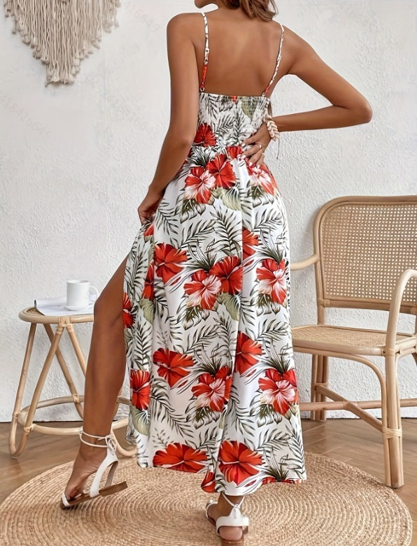 Isla – Vestido largo veraniego con estampado floral y detalle calado en la cintura