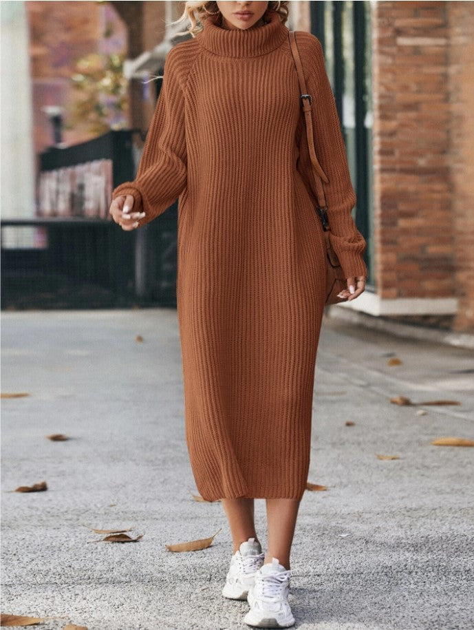 Clara - Vestido largo de punto marrón con cuello alto mujer