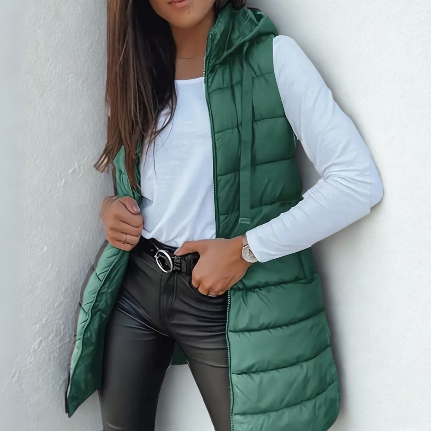 Elena – Chaleco Acolchado Largo Femenino con Capucha