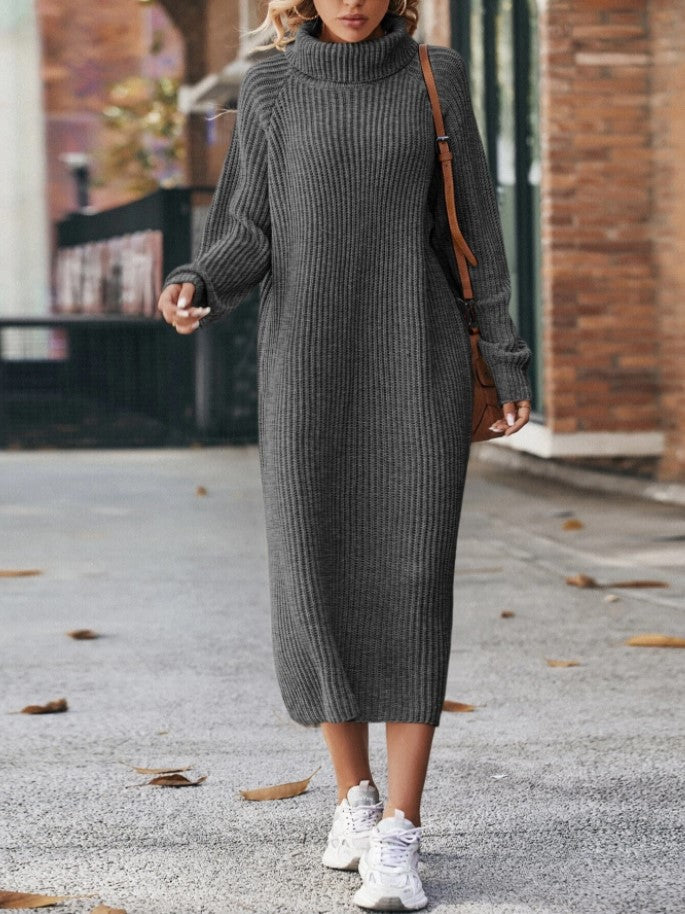 Clara - Vestido largo de punto marrón con cuello alto mujer