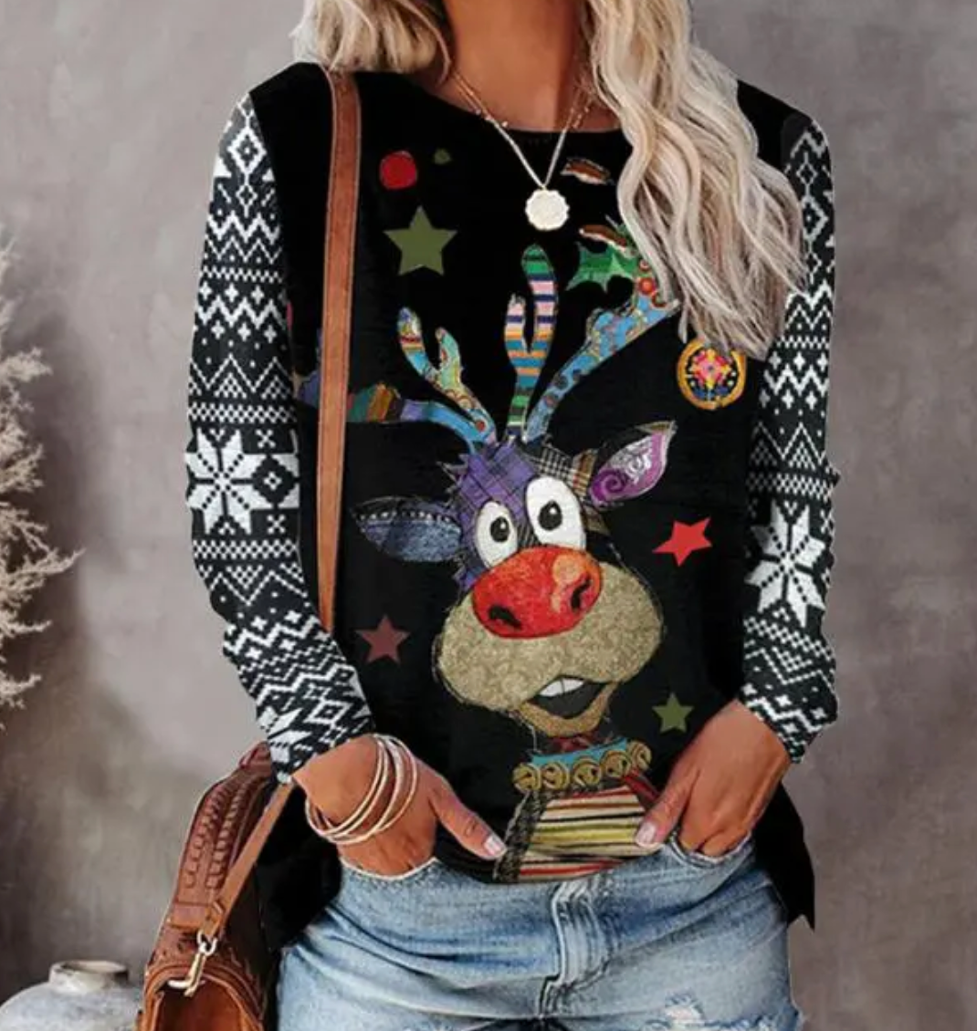 Valeria – Jersey navideño con diseño de reno para mujer