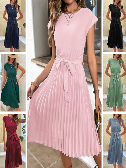 Marina - Vestido de mujer midi plisado con cinturón