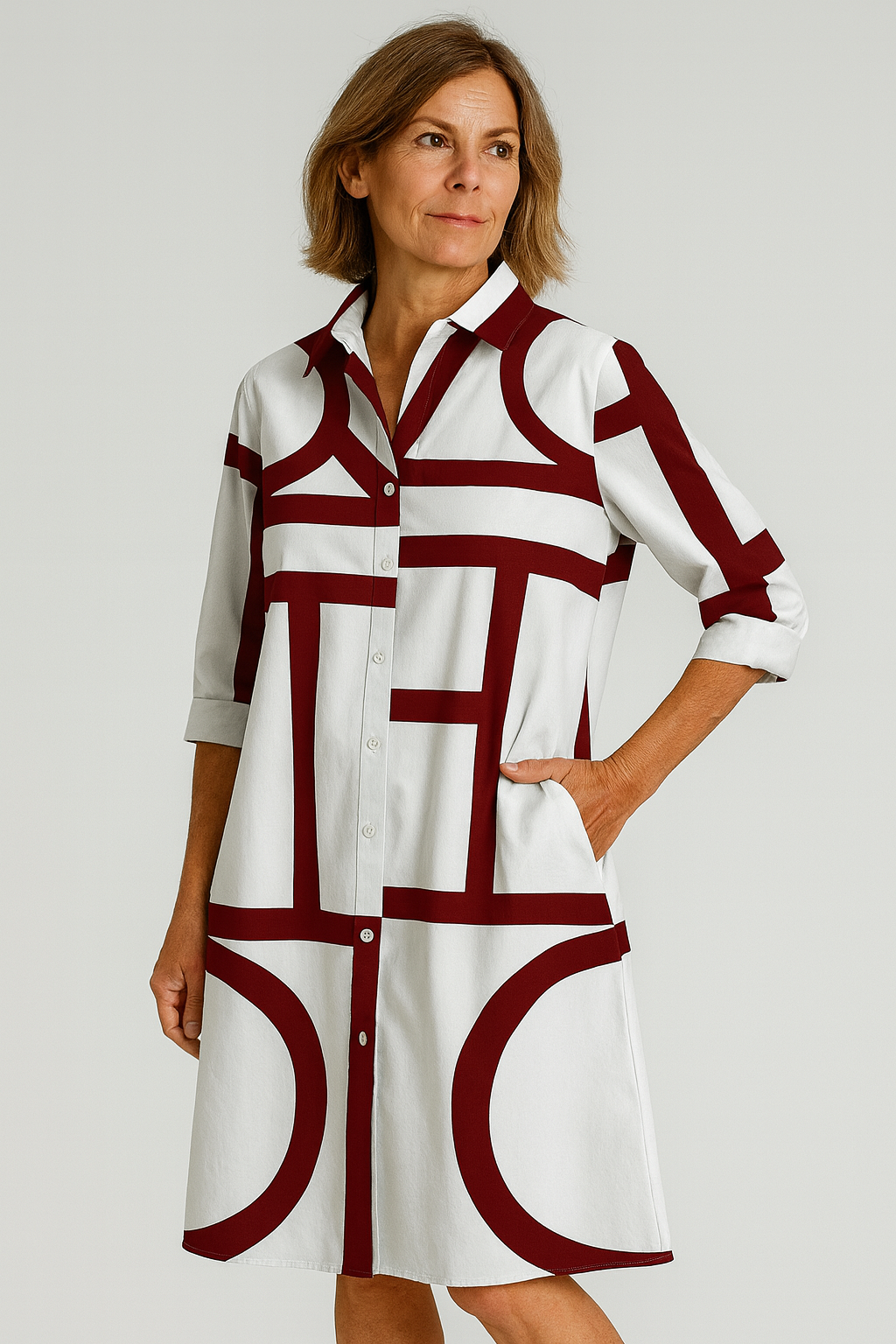 Clara - Vestido camisero femenino con estampado geométrico
