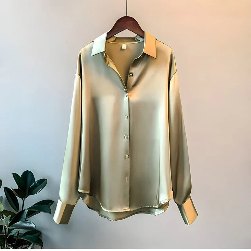 Amelia - Blusa satinada de mujer con botones y cuello
