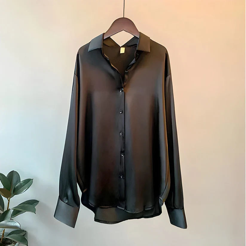 Amelia - Blusa satinada de mujer con botones y cuello