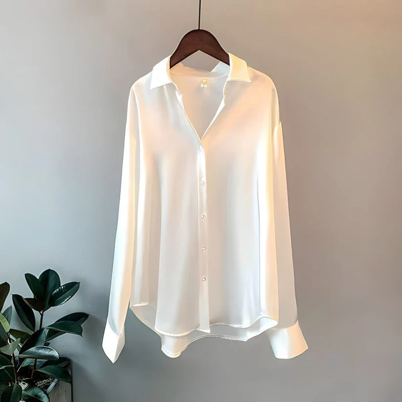 Amelia - Blusa satinada de mujer con botones y cuello