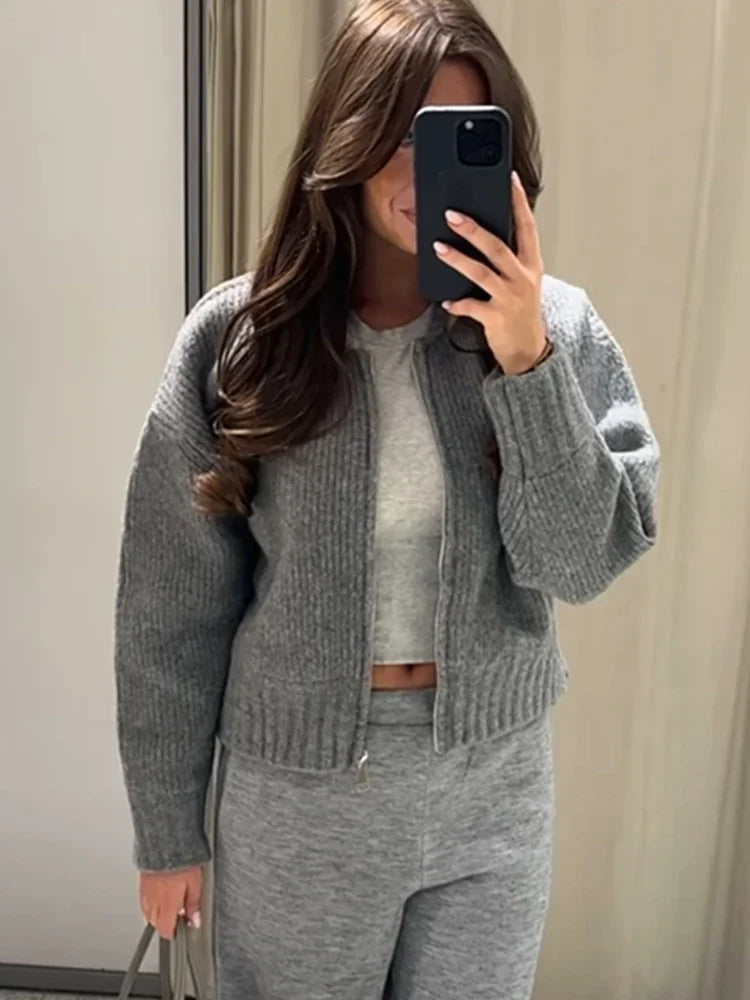 Marina | Gris O-cuello de punto Mujeres Suéter Chaqueta Moda
