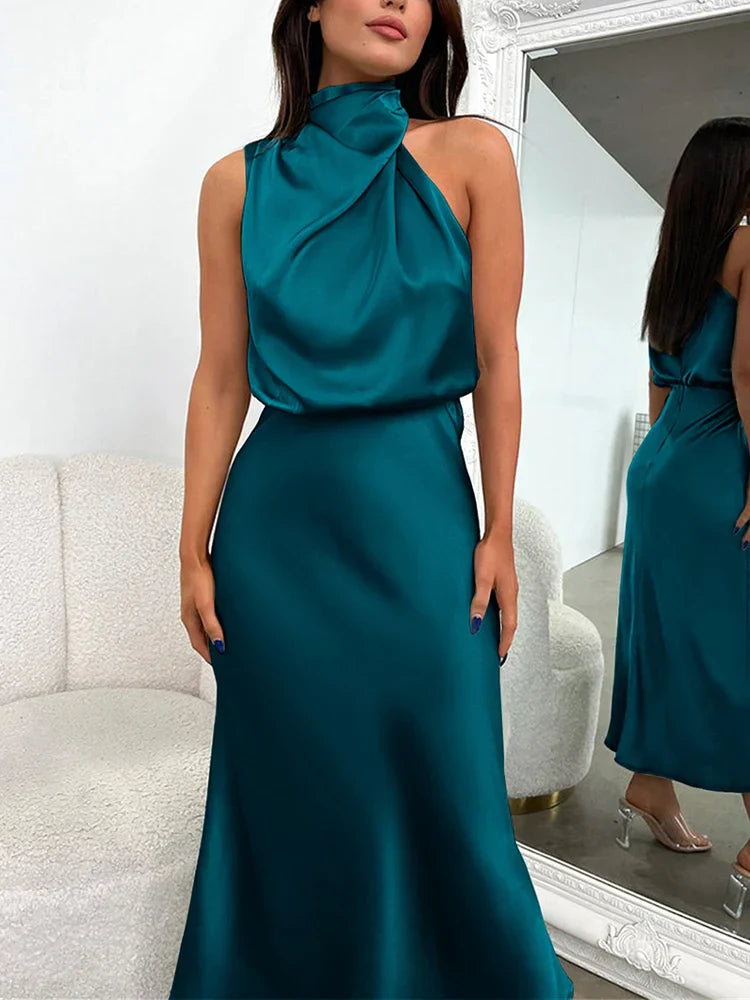 Isidora - Vestido satinado sin mangas con cuello drapeado mujer