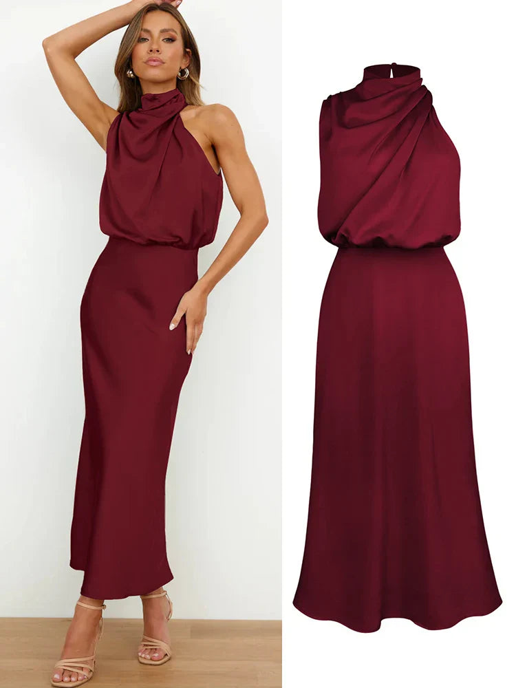 Isidora - Vestido satinado sin mangas con cuello drapeado mujer