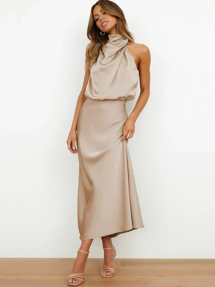 Isidora - Vestido satinado sin mangas con cuello drapeado mujer