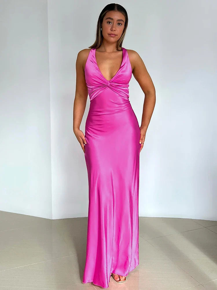 Julieta – Vestido maxi satinado de escote profundo