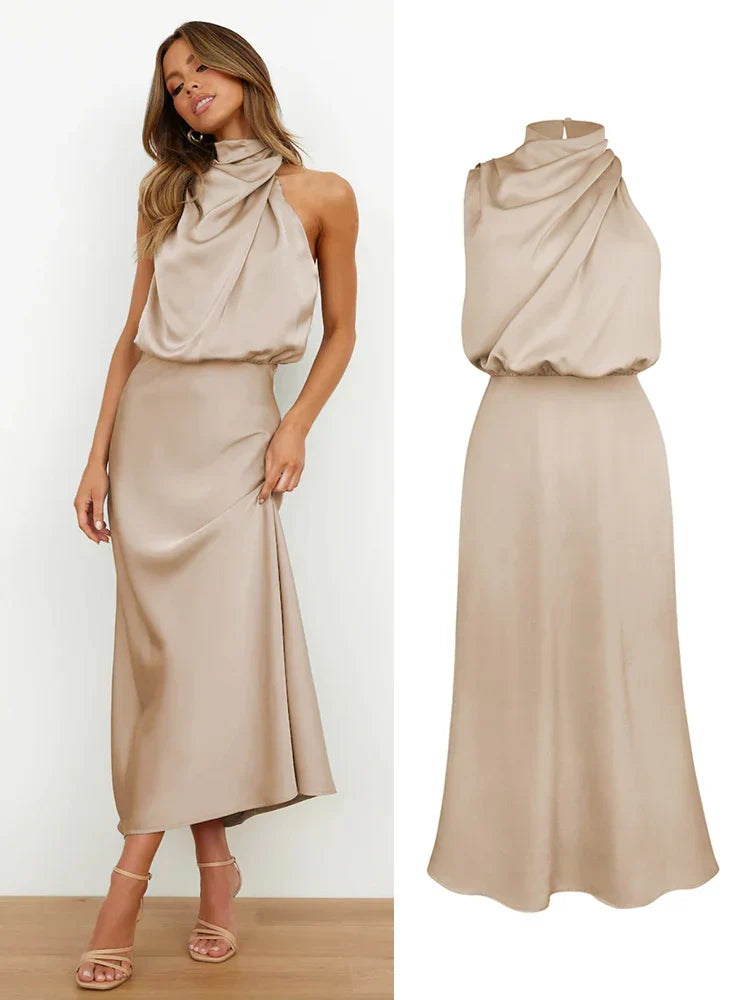 Isidora - Vestido satinado sin mangas con cuello drapeado mujer