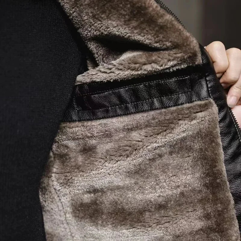 Mateo – Chaqueta de cuero para hombre con cuello de borreguillo