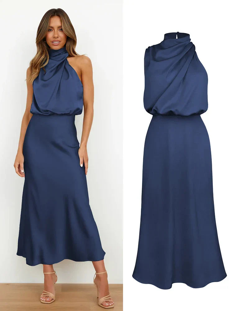 Isidora - Vestido satinado sin mangas con cuello drapeado mujer