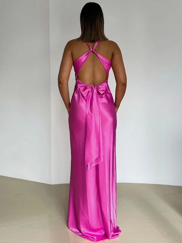 Julieta – Vestido maxi satinado de escote profundo