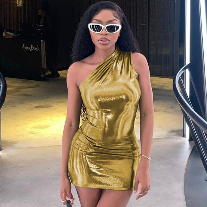 Camila - Vestido corto brillante asimétrico de un hombro para mujer