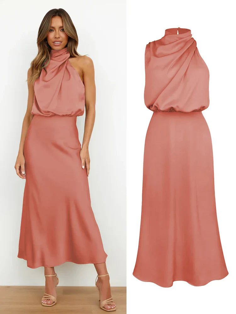Isidora - Vestido satinado sin mangas con cuello drapeado mujer